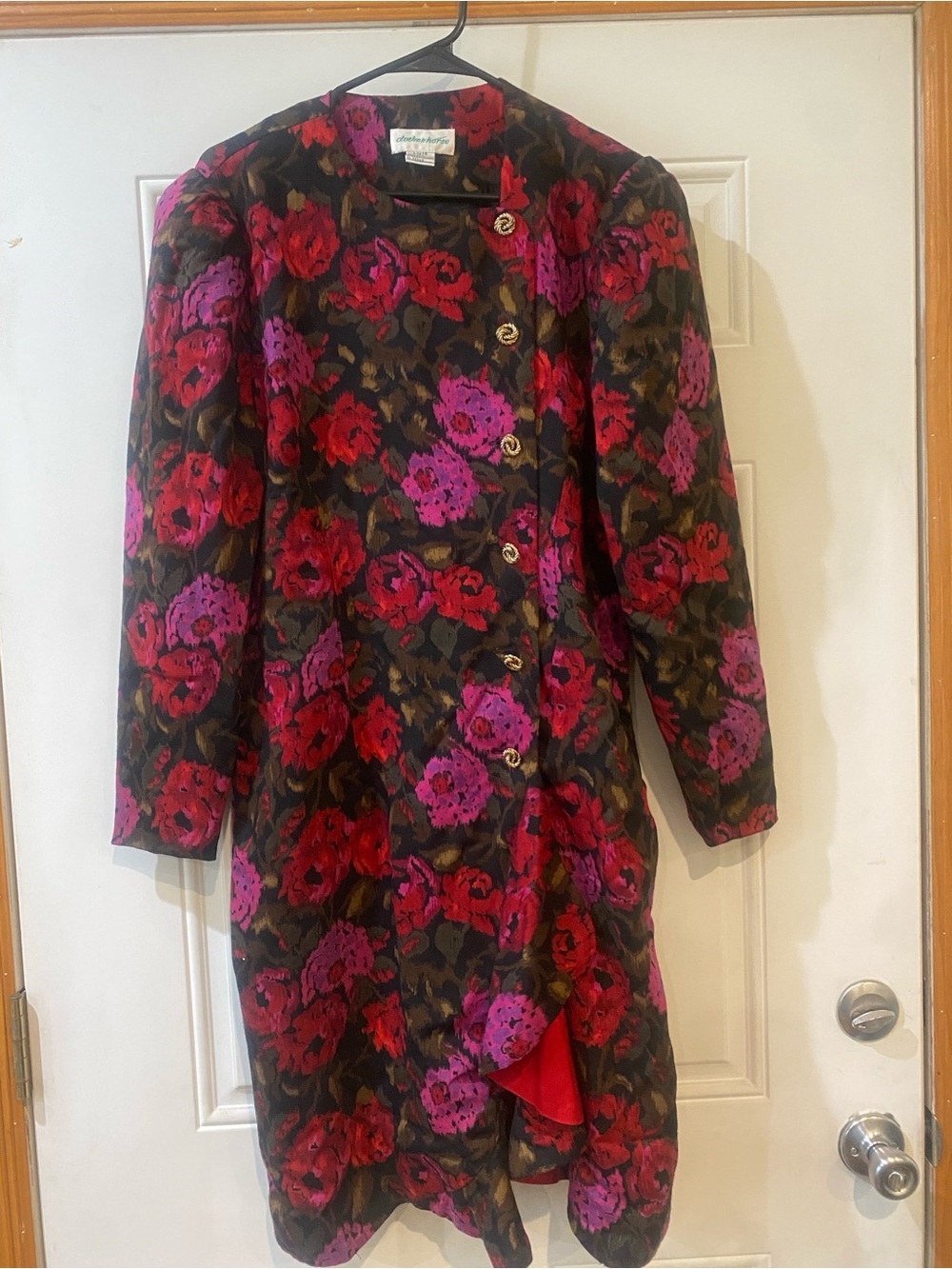 Vintage 1980 100% Wool Floral Coat Dress in Red & Purple Size 14